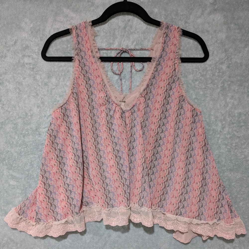 Free People Pink Purple Fan Print Lace Trim Tank Top Boho Fairycore Small